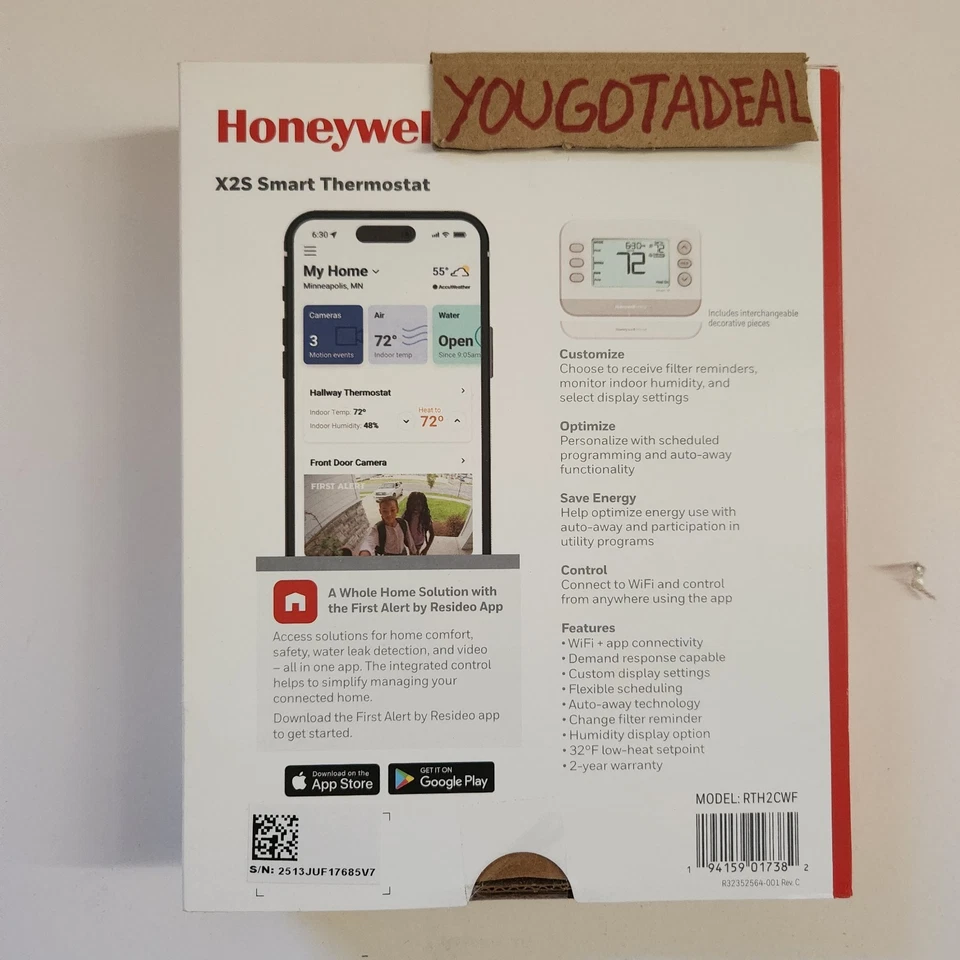 Honeywell Home X2S Smart WiFi Digital Thermostat - White/Grey #RTH2CWF - Image 2 of 2