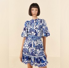 BNWT FARM RIO Blue And white Mini Dress Summer vacation With Belt Sz L