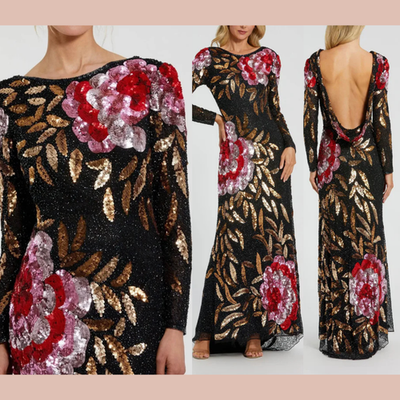 NWT MAC DUGGAL [ 8 ] 4566 Embellished Floral Long Sleeve Gown Black Red  #J1926 | eBay