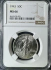 1943 Walking Liberty Haft Dollar 50c, NGC MS 66 #678001