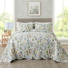 3-Piece Quilt Set Quilted Bedspread Lightweight Coverlet Floral Printed