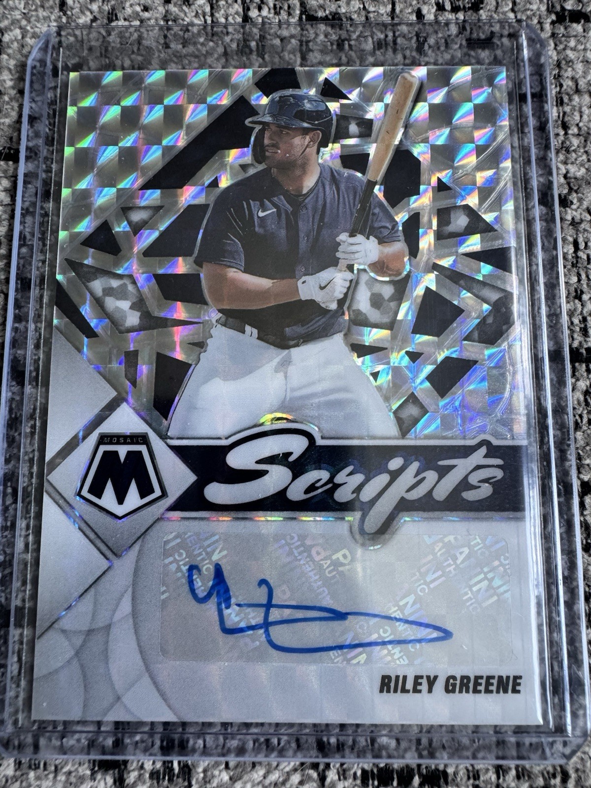 2022 Panini Mosaic Scripts Riley Greene Silver Prizm Rookie Auto