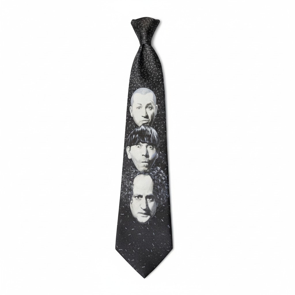 Ralph Marlin 3 Stooges Tie, Vintage 1992, Black Polyester 57.5x3.5 Made In USA