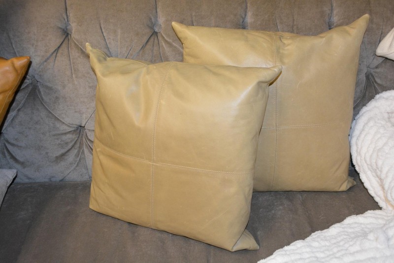 2 x Pottery Barn Pieced Leather Square Feather Pillow Cushions 17" Stone / Tan