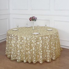 120" GOLD Sheer Tulle Round TABLECLOTH Embroidered Sequins Party Events