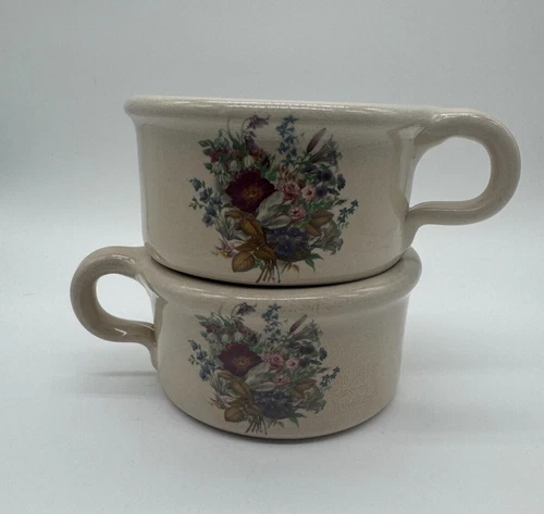 Pair of Sturdy Shakers & Thangs Pottery Marshall Texas Mugs with Flower Pattern 