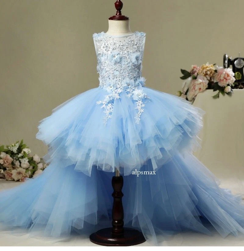Vestido Hi-Lo Flor Niña Desmontable Tren Niños Pequeños Concurso Adolescentes Niños Azul Foto 4 de 4