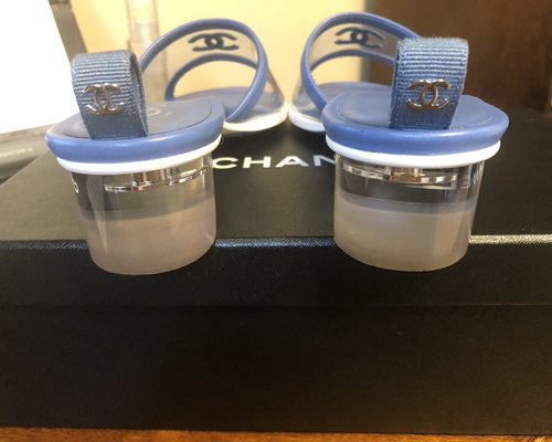 19S CHANEL PVC/LAMBSKIN CC LOGO TRANSPARENT BLUE MULES/SLIDES ICONIC, SIZE 39 - Picture 6 of 14