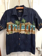 Favant Hawaii Mens Size M Blue Carved TIKI Diamond Head Surfboards Camp Shirt