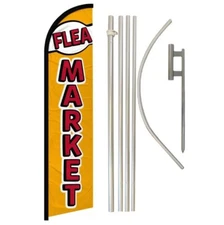 Flea Market Advertising Windless Banner Flag & Flag Pole Kit & Ground Spike