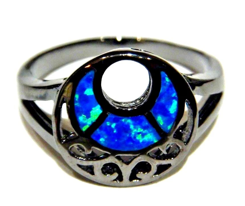 ANILLO LUNA CRECIENTE AZUL NEGRO METAL PISTOLA gótico oculto ojo místico imitación ópalo de fuego T3 Foto 2 de 4