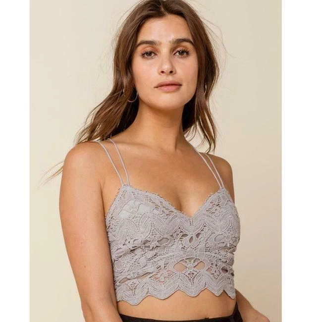 Free People FP One Ilektra Bralette Bra Top Embroidered Lace Smocked Silver  NT L