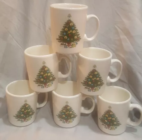 VTG Christmas Tree Stoneware Coffee cup mug USA 6 pc set