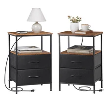 Set of 2 Nightstand w/ Charging Station USB Outlets Fabric Drawer Bedside Tables