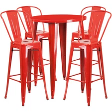 30'' Round Red Metal Indoor-Outdoor Restaurant Bar Table Set w/4 Cafe Barstools