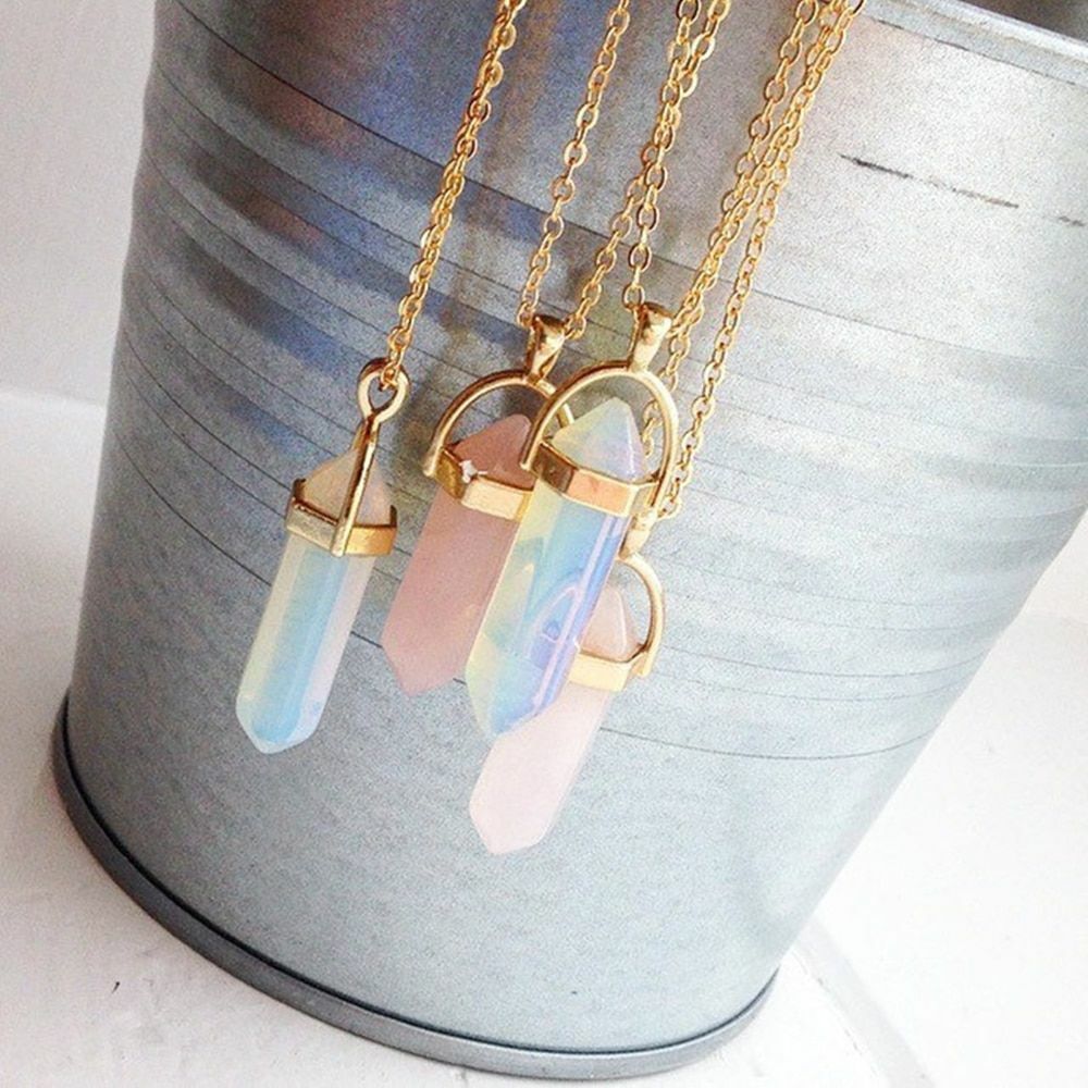 Women Necklaces Hexagonal Column Quartz Pendants Natural Stone