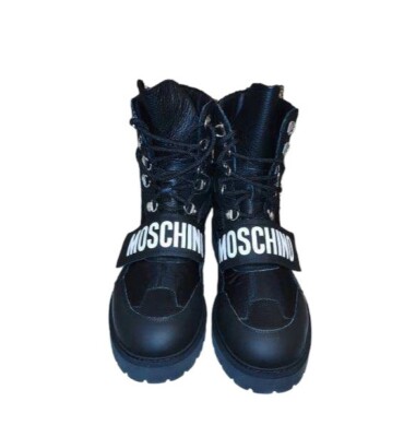 Mens 9 EU 42 Moschino Combat Boots Black Leather Logo High  display picture 3