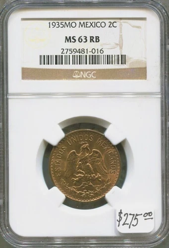 MEXICO - SPECTACULAR HISTORICAL 2 CENTAVOS, 1935 MO, NGC GRADED MS 63 RB, KM#419