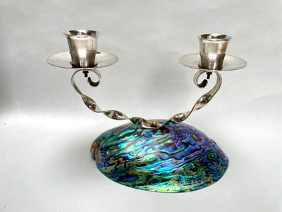 VINTAGE ATAAHUA PAUA ABALONE MUSCHEL KERZENSTÄNDER SILBER KERZENSTÄNDER NEUSEELAND