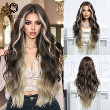 Balayage Dark Brown with Sandy Blonde Highlight Wavy Wigs 28inch for Women Party