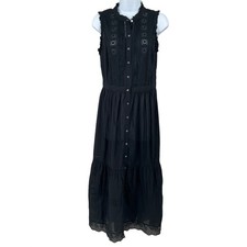 Gap Midi Dress Women XS Black Eyelet Embroidered Tiered Boho Classic Sleeveless
