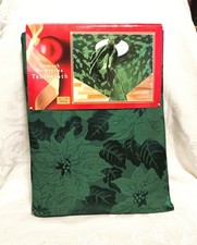 DHC Christmas Holiday Tablecloth 6 Napkins Green Damask Poinsettia-52"x70"