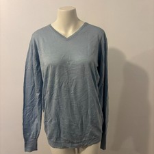 John Smedley 100 Extra Fine Merino Wool Light Blue Preppy V Neck Golf Sweater