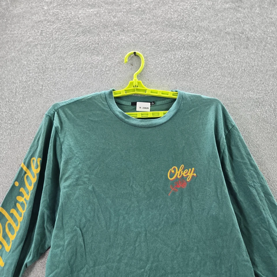 Obey Men Shirt L Green Graphic Print Rose Script Logo Long Sleeve - Image 3 of 4