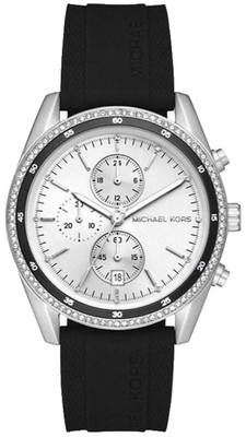 MICHAEL KORS HADYN CHRONOGRAPH MK7486 SILVER DIAL BLACK RUBBER BAND WOMENS WATCH