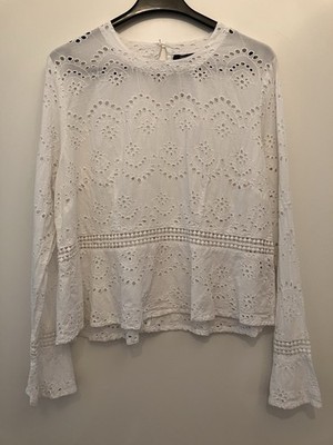 Manguun, Broderie Anglaise Bluse, Gr. DE 46, Top, Weiß, 100% Baumwolle
