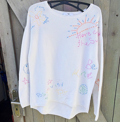 Peter Hahn Damen Pullover Strick Weiß Rundhals Langarm Stickerei Gr. 36