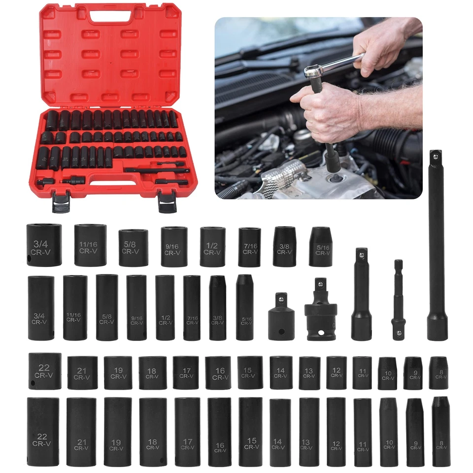 3/8" Drive Impact Socket Set 6-Point Deep & Shallow Impact Socket Ratchet 8-22mm - Image 2 of 4