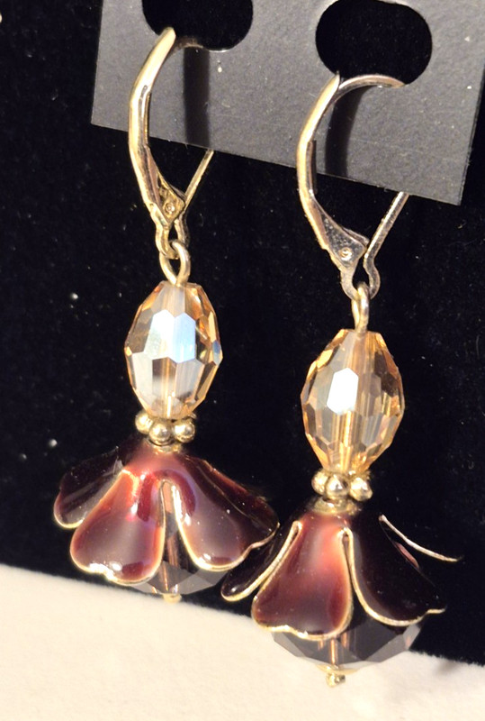 Crystal flower earrings gold tone pierced enamel petals very unique artisan craf