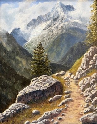 BERGWANDERUNG, ALPEN, WANDERN BERGSTEIGEN Ölbild handgemalt + Rahmen 24x30 cm
