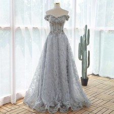 Elegant Sequin Lace Gray Flowers Formal Evening Dress Applique Party Dresses
