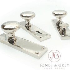 ROUND DOOR HANDLES KNOBS NEW YORK STYLE ON LONG BACKPLATE POLISHED NICKEL SILVER