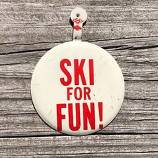 SKI FOR FUN Fold Over Tab Button Badge Pin Skiing Vintage 1970s USA Red + White