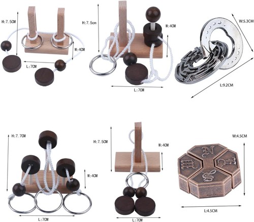 3D Wooden & Metal Unlock Interlock Brain Teasers, IQ Logic Puzzles (6Pcs) - Picture 2 of 5