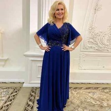 Dark Blue Evening Party Dress Beading V Neck Plus Size Mother of the Bride  