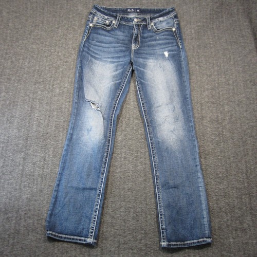 Miss Me Curvy Straight Jeans Women 32 Blue Medium Wash Distressed Western Casual - Picture 2 of 11
