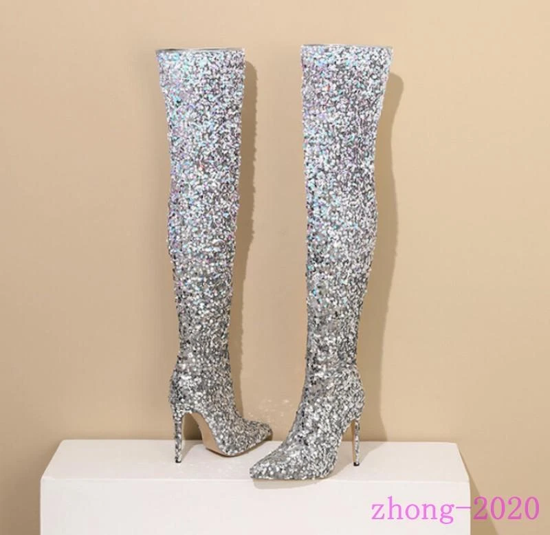 Mujeres Fiesta Club Vestido Sobre la Rodilla Botas Tacón Alto Lentejuelas Punta Zapatos Foto 2 de 4