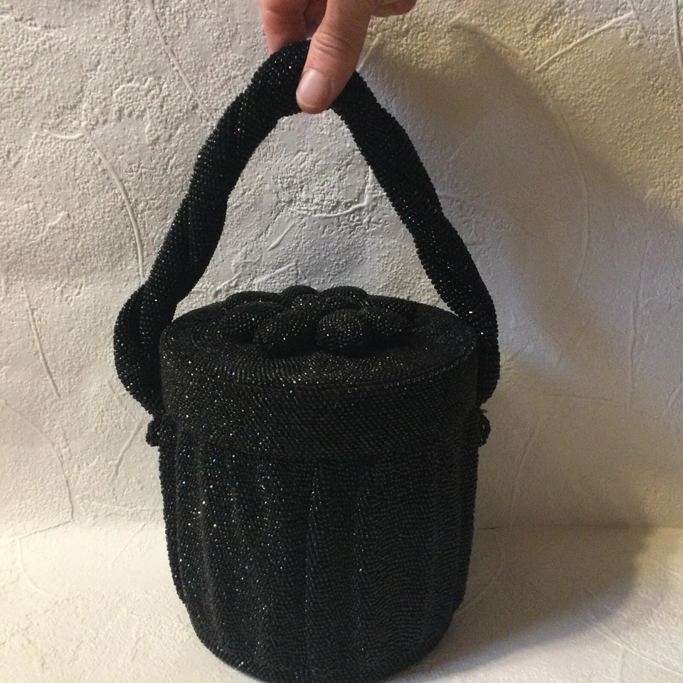 Bolso de mano vintage Art Deco de los años 30 con cuentas barril noche negro - ¡EXCELENTE! Foto 2 de 4