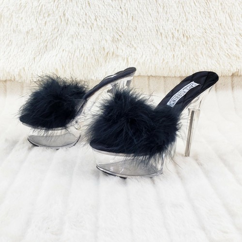 Maren Marabou Feather Slip On Platform Sandals 6" Stiletto Heel Shoes Black - Picture 8 of 10