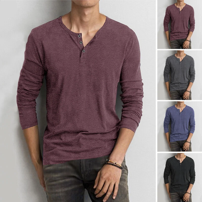 Mens Long Sleeve V-Neck Shirt Top Henley Grandad Collarless Button T shirt  Tee