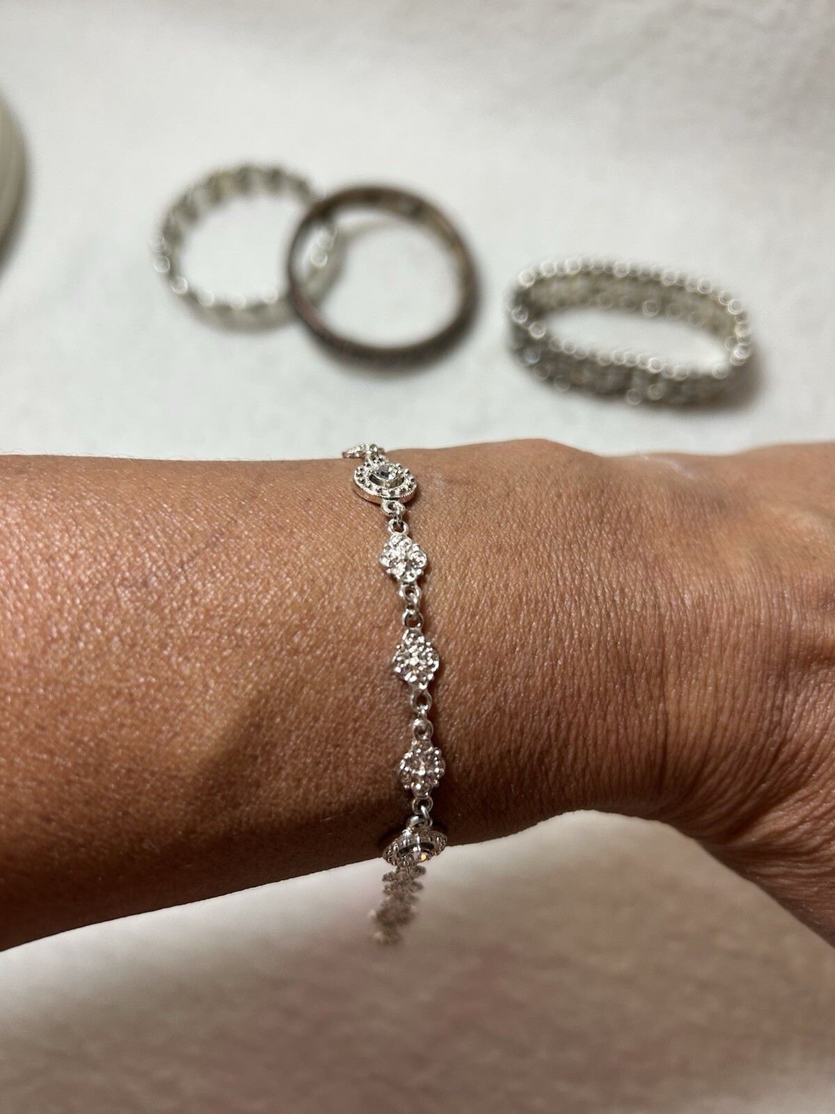 4 Silvertone Bracelets Hammered Stretch Crystal B… - image 6