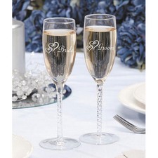 BRIDE GROOM ETCHED CHAMPAGNE GLASSES TOASTING FLUTES SET OF 2 VICTORIA LYNN