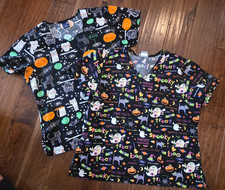 Halloween Scrub Tops Set 2 Large Black Cats Owls Ghosts Pumpkins