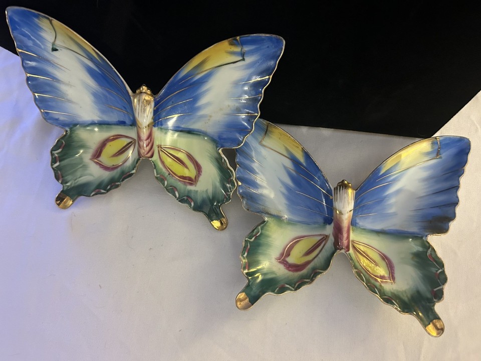 Vintage Mid Century Ceramic Butterfly Wall Art Pair Flawless Hand Painted Japan