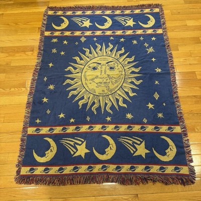 90s Celestial Sun Moon Stars Tapestry Throw Blanket Whimsigoth Woven Reversible