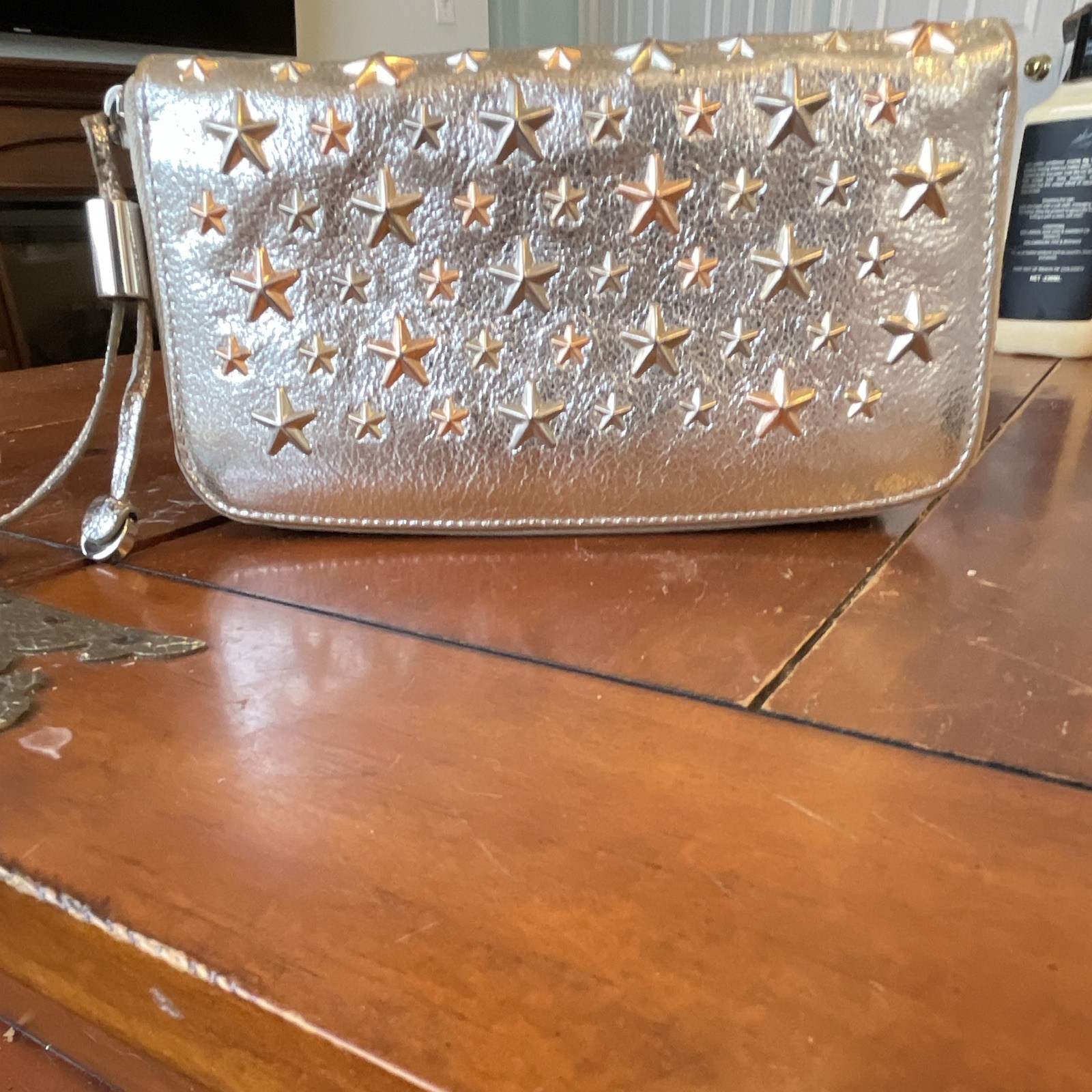 Jimmy Choo Women’s Silver Solid Star Studded Zip-Around Wallet w/ Credit Card